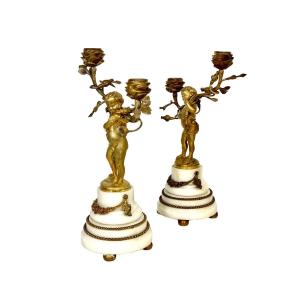 Pair Of 19th Century Gilt Bronze Candelabra With Cherubs