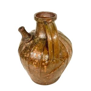 18th C. Large Glazed Terracotta Walnut Oil Jug With Two Side Handles