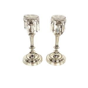 Louis XVI Style Pair Of Silver Plated And Crystal Candle Holders 