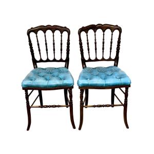 Pair Of Napoleon III Period Opera Chairs In Blue Leather