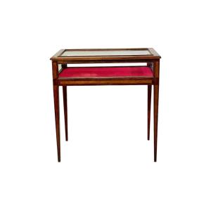 19th Century Walnut Inlaid Glass Display Table With Red Velvet Interior