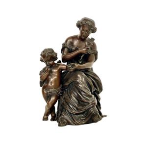 19th Century Bronze Sculpture, Signed Aizelin, Goddess With Cupid