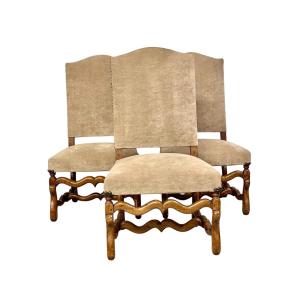 Three 17th Century Louis XIII Walnut Chairs With Velvet Upholstery