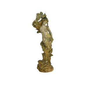 Large French Art Nouveau Polychrome Plaster Statue Of A Floral Maiden, C.1900