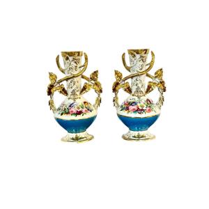 Pair Of 19th Century Paris Porcelain Vases With Gilded Handles And Floral Painting