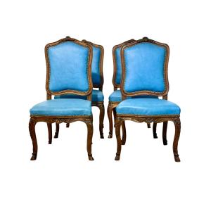 Set Of Four 19th Century French Louis XV Walnut Chairs With Sky Blue Leather