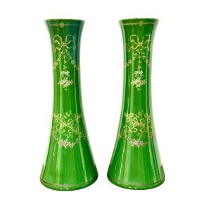 Rare Impressive Pair Of Green Faience Vases By Longchamp, France, 1876