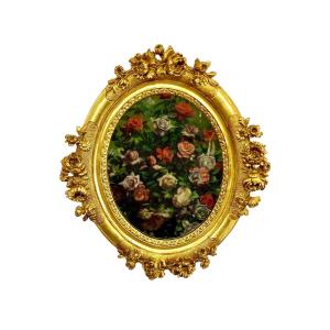 Antique Louis XVI Giltwood Oval Mirror With Floral Carving
