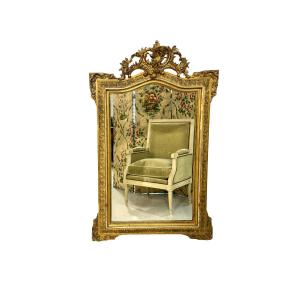 Napoleon III Period Giltwood Mirror With Ornate Crest, 19th Century