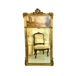 French Giltwood Trumeau Mirror With Beveled Glass, Signed Crassous Fils 1919