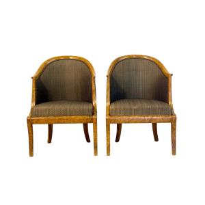 Pair Of 19th Century French Empire Style Burl Wood Gondola Armchairs