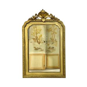 19th Century French Gilded Mirror With Floral Crest And Original Glass