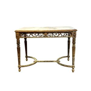 19th Century French Giltwood Center Table With Carved Apron And Marble Top