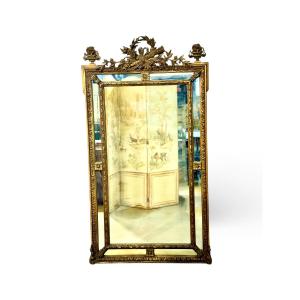 Large Napoléon III Giltwood Mirror With Laurel Crest, And Aged Glass