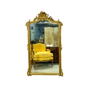 Large Antique Louis XV Gilt And Beveled Mirror, France 19th Century