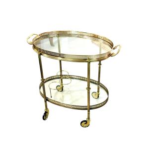 Small French Oval Gilt Brass Bar Cart, Circa 1950
