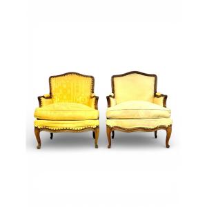 Pair Of Walnut Bergère Armchairs, France, 19th Century