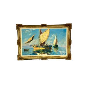 Large Oil On Panel Of Coastal Sailboats, By Bernard Régis, France C. 1950s