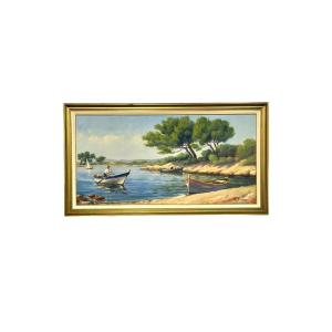 Large Oil On Panel : Mediterranean Coastal Scene With Boats By F. Borelly