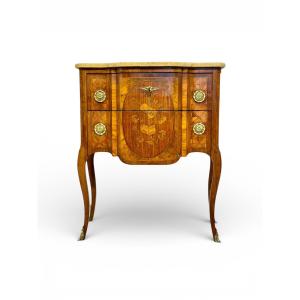 Louis XV Style Marquetry Commode With Marble Top, Late 19th Century