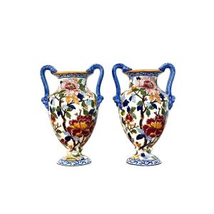 Pair Of Hand-painted Gien Faience Vases With Floral Decor, France