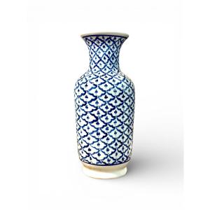 Mid-20th Century Blue And White Porcelain Vase, Floral Lattice Design