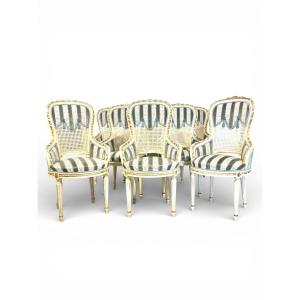 Set Of Eight French Louis XVI Style Painted & Gilt Dining Chairs, Caned Backs