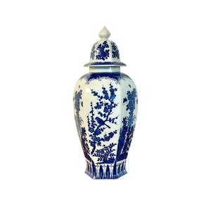 Large Blue And White Hexagonal Lidded Porcelain Vase, Chinoiserie