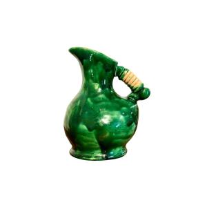 Green Glazed Ceramic Pitcher, Rustic Art Pottery, France C.1900