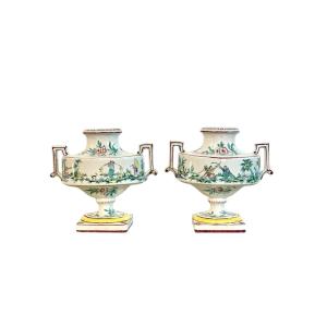 Pair Of French Faience Hand-painted Chinoiserie Urns, 19th Century