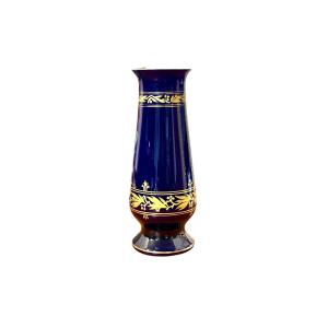 French Cobalt Blue Opaline Glass Vase With Gilt Friezes, Circa 1900