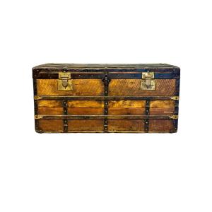 19th Century Wooden Travel Trunk With Iron Straps