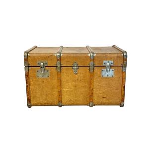19th Century Wood And Leather Travel Trunk With Velvet Interior