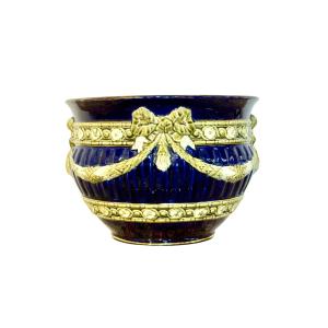 French Majolica Jardinière, Cobalt Blue, Napoleon III, 19th C.