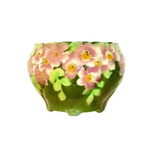 Antique Saint-clément Majolica Jardinière With Pink And Green Floral Motif