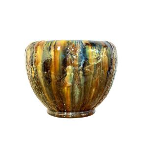 French Art Nouveau Drip Glaze Jardinière In Earth Tones