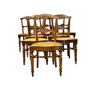 Set Of Eight French Walnut Caned Chairs, Late 19th Century