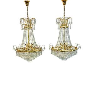 Pair Of Gilt Metal Chandeliers With Glass Drops, Mid-20th Century