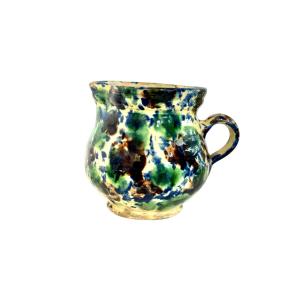 French Rustic Terracotta Pitcher, Hand-painted Glaze, 19th Century