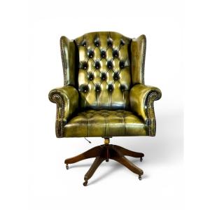 Vintage Chesterfield Style Green Leather Swivel Desk Chair