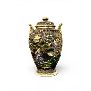 Japanese Satsuma Moriage Covered Vase With Figural Decoration