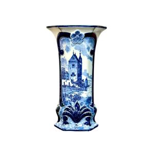 20th Century Delft Blue Hexagonal Scenic Faience Vase