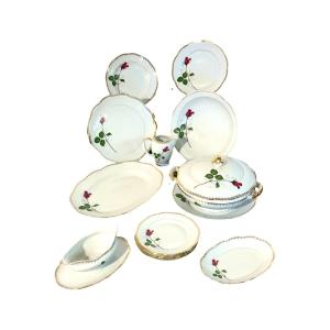 French Porcelain Dinner Service With Rose Motif, 45 Pieces