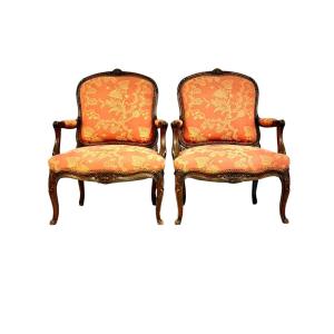 Pair Of French Louis XV Style Walnut Fauteuils, Circa 1880