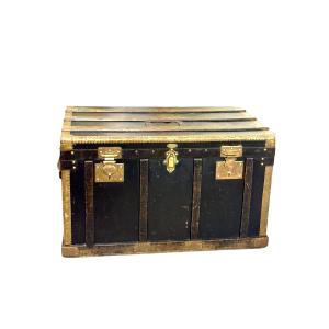 Black Canvas And Brass Flat Travel Trunk, Belle époque France Circa 1912