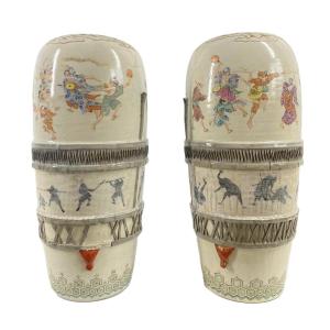 Antique Japanese Large Pair Of Makuzu Kozan Vases