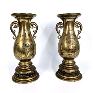 Antique 19th C Japanese Bronze Vases Pair Shakudo 