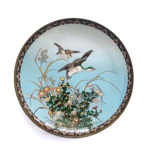 Rare Japanese Meiji Cloisonne Dish Decorated With Ducks / Gooses
