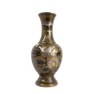 Japanese Bronze Vase Inlaid With Gold, Silver And Shakudo Nogawa Style