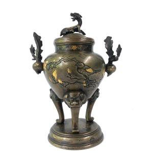 19th C Japanese Bronze Incense Burner Koro Inlaid